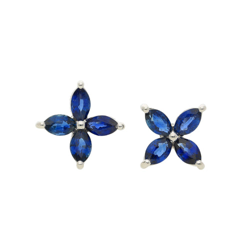 2.50 Carat Blue Sapphire Marquise Flower 18K White Gold Stud Earrings