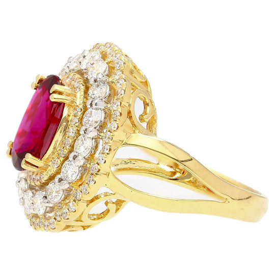 2.58 Carat Oval Thai Ruby & Triple Diamond Halo Retro Wide Frame Ring
