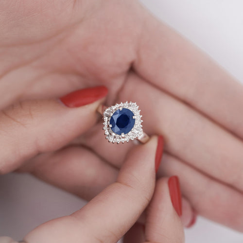 2.8 Carat Oval Blue Sapphire and Diamond Ballerina Halo Ring