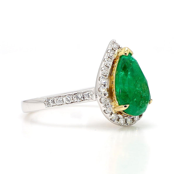 2.89 Carat Pear Vivid Green Emerald & Diamond Halo 18K Gold Halo Ring