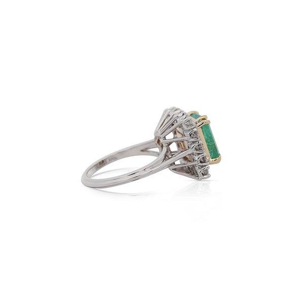 2.97 Carat Emerald Cut Emerald & Diamond Halo 18K White Gold Vintage-Style Ring