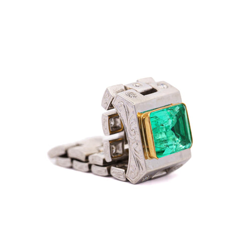 3 Carat Colombian Emerald Platinum Mens Link Ring