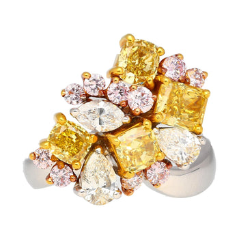 3カラットのピンク、イエロー、ホワイトのマルチカットダイヤモンドクラスター、プラチナと18KゴールドのRing – Assay Jewelers