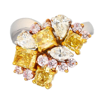 3カラットのピンク、イエロー、ホワイトのマルチカットダイヤモンドクラスター、プラチナと18KゴールドのRing – Assay Jewelers