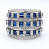 3 Carat Sapphire and Diamond 18K White Gold 3 Row Wide Band Ring