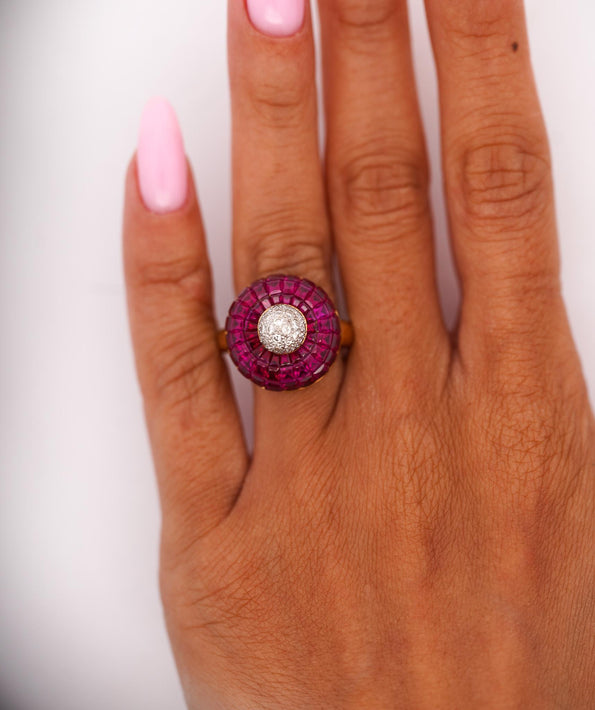 3 Carat Square Ruby and Diamond 18K Gold Button Cocktail Ring