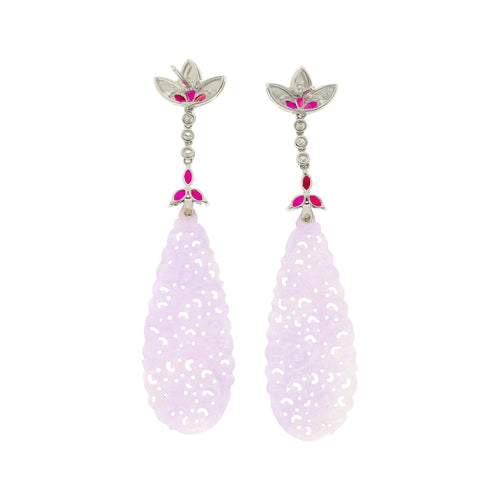 33 Carat Carved Lavender Jadeite Jade Drop Earrings With Rubies & Diamonds