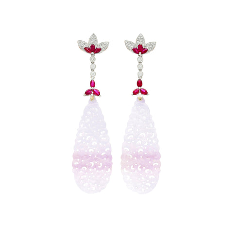 33 Carat Carved Lavender Jadeite Jade Drop Earrings With Rubies & Diamonds