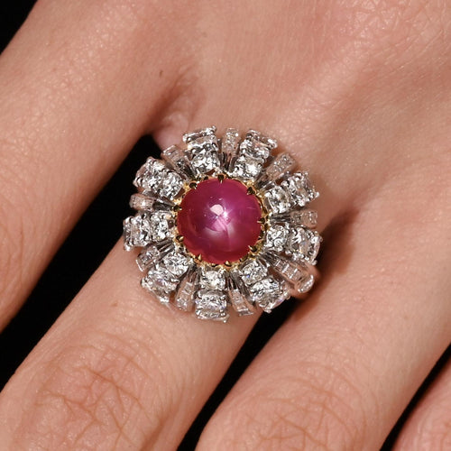 3.04 Carat Star Ruby No-Heat Burma & Diamond 18K Gold Sunburst Ring