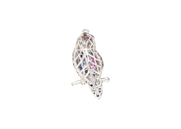 3.14 Carat Pink & Blue Sapphire & Diamond Pave in 18K White Gold Parrot Brooch