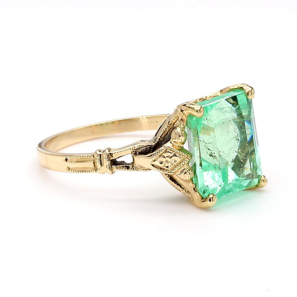 3.18 Carat Light Green Emerald Milgrain Vintage 14K Gold Ring