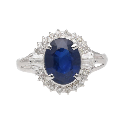 3.21 Carat Oval Cut Blue Sapphire and Diamond in Platinum Ring