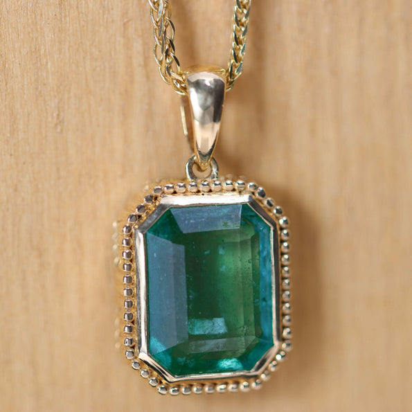3.47 Carat Emerald Cut Emerald Milgrain Bezel 18K Yellow Gold Pendant Necklace