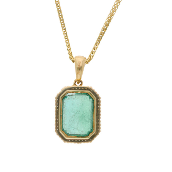 3.47 Carat Emerald Cut Emerald Milgrain Bezel 18K Yellow Gold Pendant Necklace