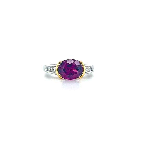 3.50 Carat Oval Cut Rubellite Tourmaline East West Ring with Tsavorite, Diamond, Platinum & 18k Gold