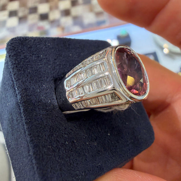 3.59 Carat Oval Pink Tourmaline and Baguette Diamond 18K White Gold Unisex Ring
