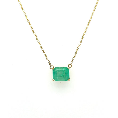 3.66 Carat Emerald Cut Colombian Emerald Solitaire East West Pendant Necklace in 14K Yellow Gold