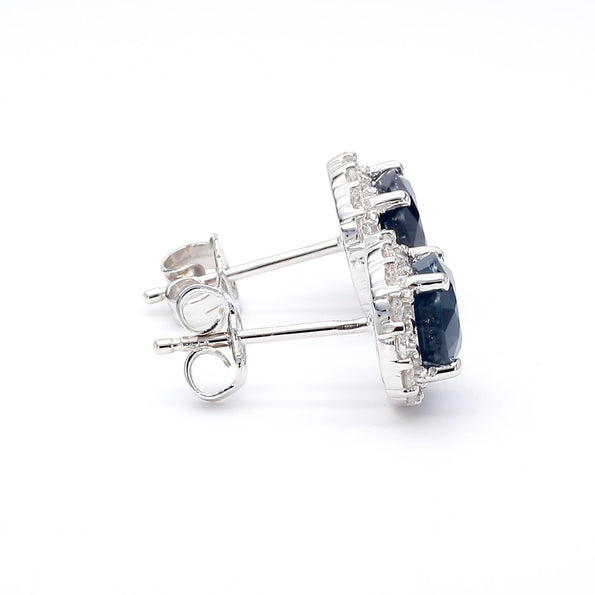 3.70 Carat Oval Dark Blue Sapphire & 0.48 Carat Diamond Halo 18K White Gold Stud