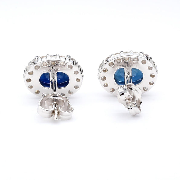 3.70 Carat Oval Dark Blue Sapphire & 0.48 Carat Diamond Halo 18K White Gold Stud