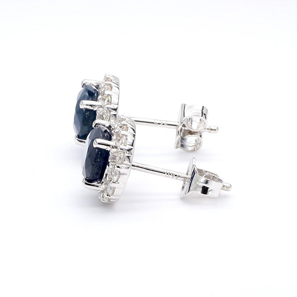 3.70 Carat Oval Dark Blue Sapphire & 0.48 Carat Diamond Halo 18K White Gold Stud