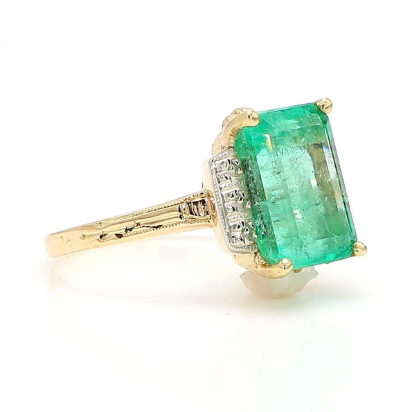 3.95 Carat Emerald & Diamond Milgrain Vintage 14K Gold Ring