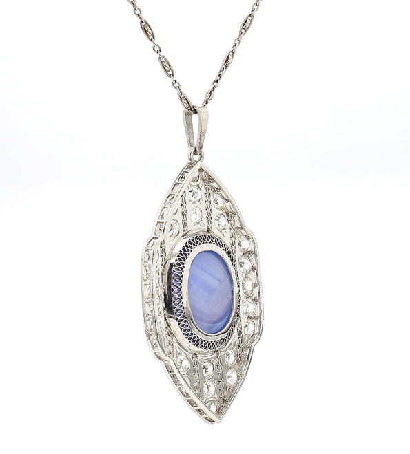 45 Carat Star Sapphire Ceylon No Heat Blue Art Deco Pendant