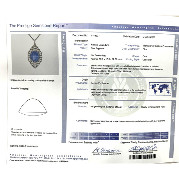 45 Carat Star Sapphire Ceylon No Heat Blue Art Deco Pendant