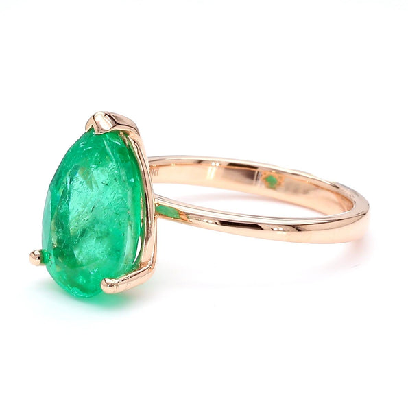 4.01 Carat Pear Cut Rich Green Emerald Solitaire 18K Rose Gold Ring