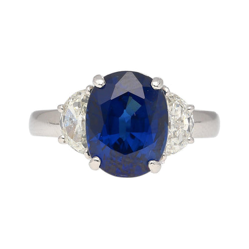 4.22ct Vivid Blue Oval Cut Sapphire & Diamond 3 Stone Ring