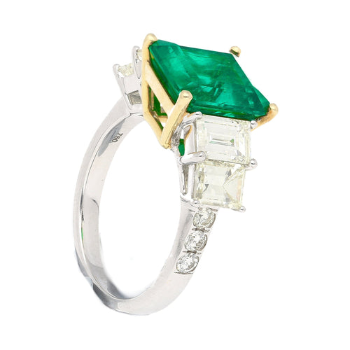 4.26 Carat Vivid Green Colombian Muzo Mine Emerald & Emerald Cut Side Diamond Ring