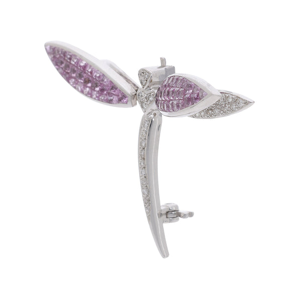 4.29 Carat Pink Sapphire & Diamond 18K White Gold Dragonfly Brooch Pin Pendant