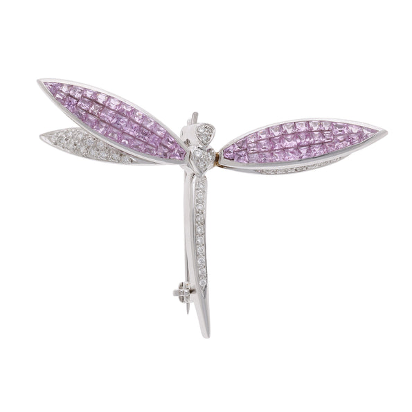 4.29 Carat Pink Sapphire & Diamond 18K White Gold Dragonfly Brooch Pin Pendant