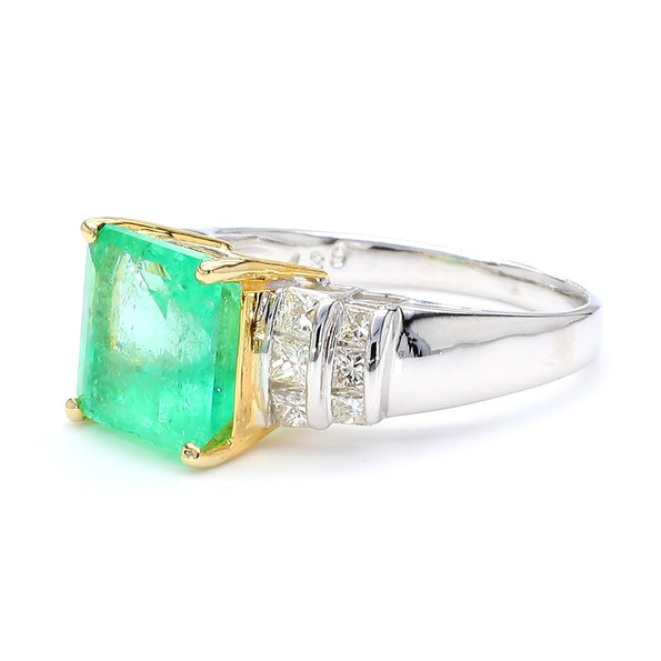 4.39 Carat Emerald Cut Green Emerald & Princess Cut Diamond 18K Two Tone Ring