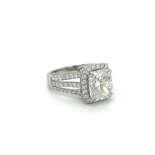 VVS2 Cushion Cut Lab Grown Diamond in 3 Row Split Shank Diamond Halo Ring