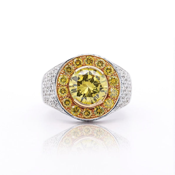 4.44 Carat Round Cut Yellow Diamond 18K Gold Halo Mens Ring
