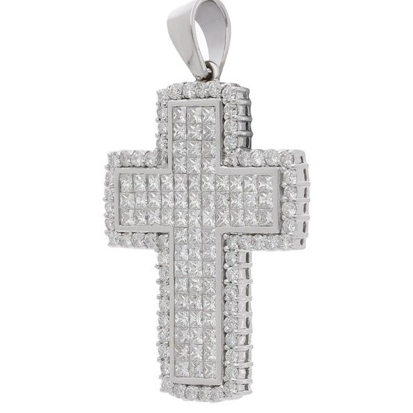4.52 Carat Princess & Round Diamond 18K White Gold Pave Cross Pendant Necklace