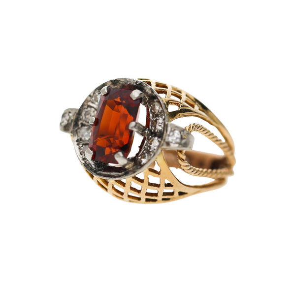 4.65 Carat Spessartine Garnet Diamond Lattice Wide Band 18K Two Tone Gold Ring