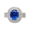 4.73ct GRS Certified Oval Blue Sapphire with Double Diamond Halo Ring