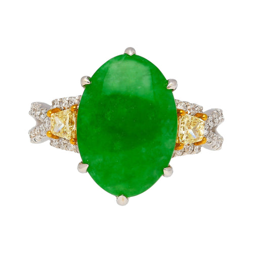 4.76 Carat Jadeite Jade with Trapezoid Cut Yellow Diamond Side Stone Ring in 18k White Gold