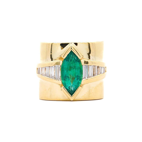 5 Carat Marquise Emerald & Baguette Diamond Channel 18K Gold Vintage Ring