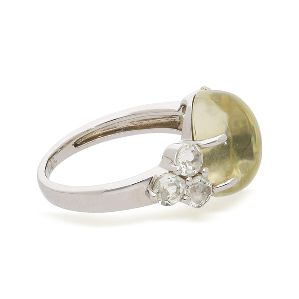 5 Carat Oval Cabochon Moonstone & Round Aquamarine 14K White Gold Cocktail Ring