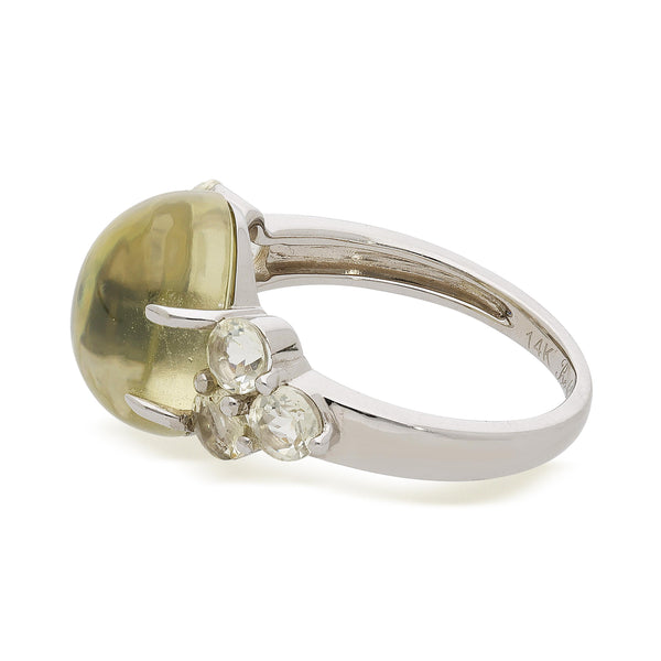 5 Carat Oval Cabochon Moonstone & Round Aquamarine 14K White Gold Cocktail Ring