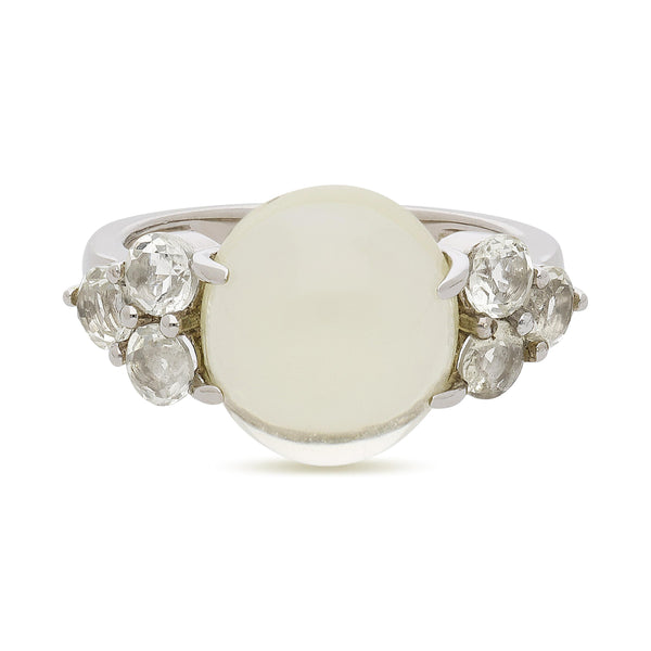 5 Carat Oval Cabochon Moonstone & Round Aquamarine 14K White Gold Cocktail Ring