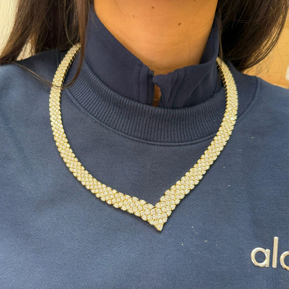 50 Carat Round Brilliant Diamond in 18K Yellow Gold Three Row V Shape Necklace