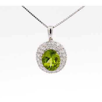 5.03 Carat Oval Cut Peridot Pendant with Round Cut Diamond Halo in 18K White Gold – Assay Jewelers