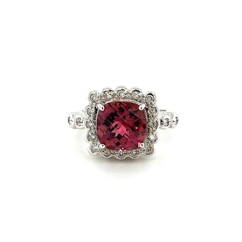 5.20 Carat Cushion Checkerboard Cut Pink Tourmaline & Diamond Ring in 18K White Gold