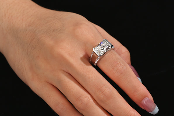 5.28 Carat Radiant Cut Pink Lab Diamond East West Bezel Ring