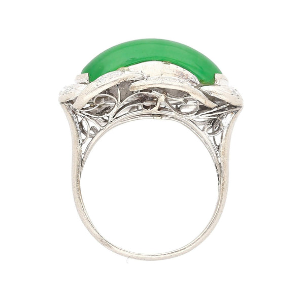 Bague ornée en or blanc 18K à sommet de selle avec jade type A 5,29 carats et diamant