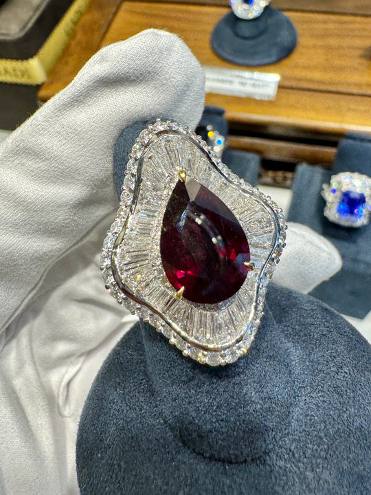 5.3 Carat Pear Cut Ruby & Baguette Diamond Ballerina White Gold Ring