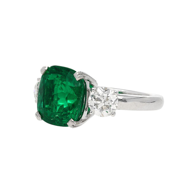 5.41 Carat Vivid Green Colombian Muzo Emerald & Old Euro Diamond 3 Stone Ring
